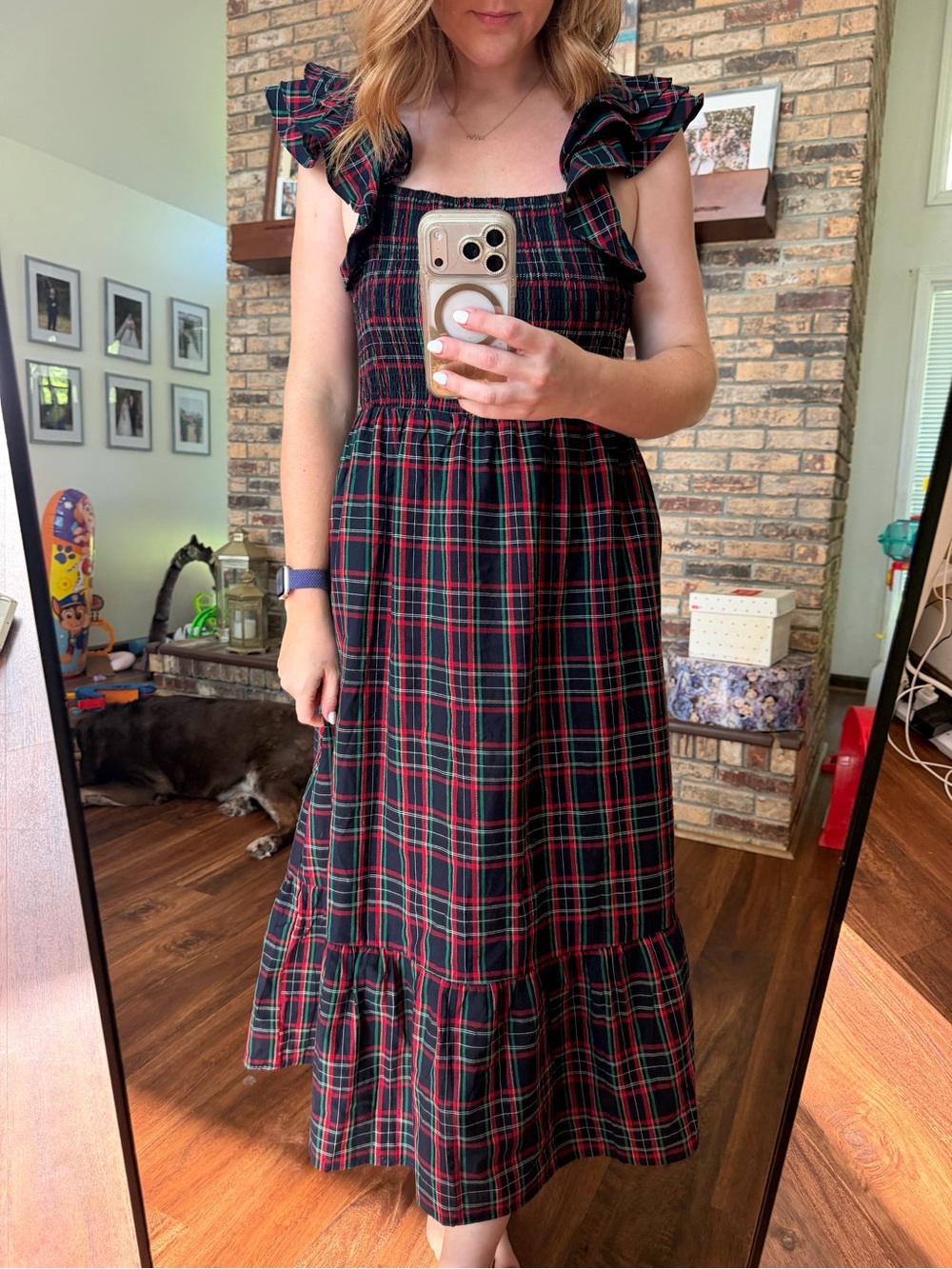 Sugarlips Red & Green Plaid Ruffle Strap Maxi Dress